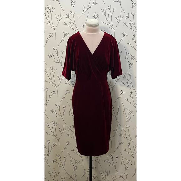 GOWNTOWN Burgundy Stretch Velvet Butterfly Sleeve Surplice LARGE Pencil Dress - Picture 2 of 8
